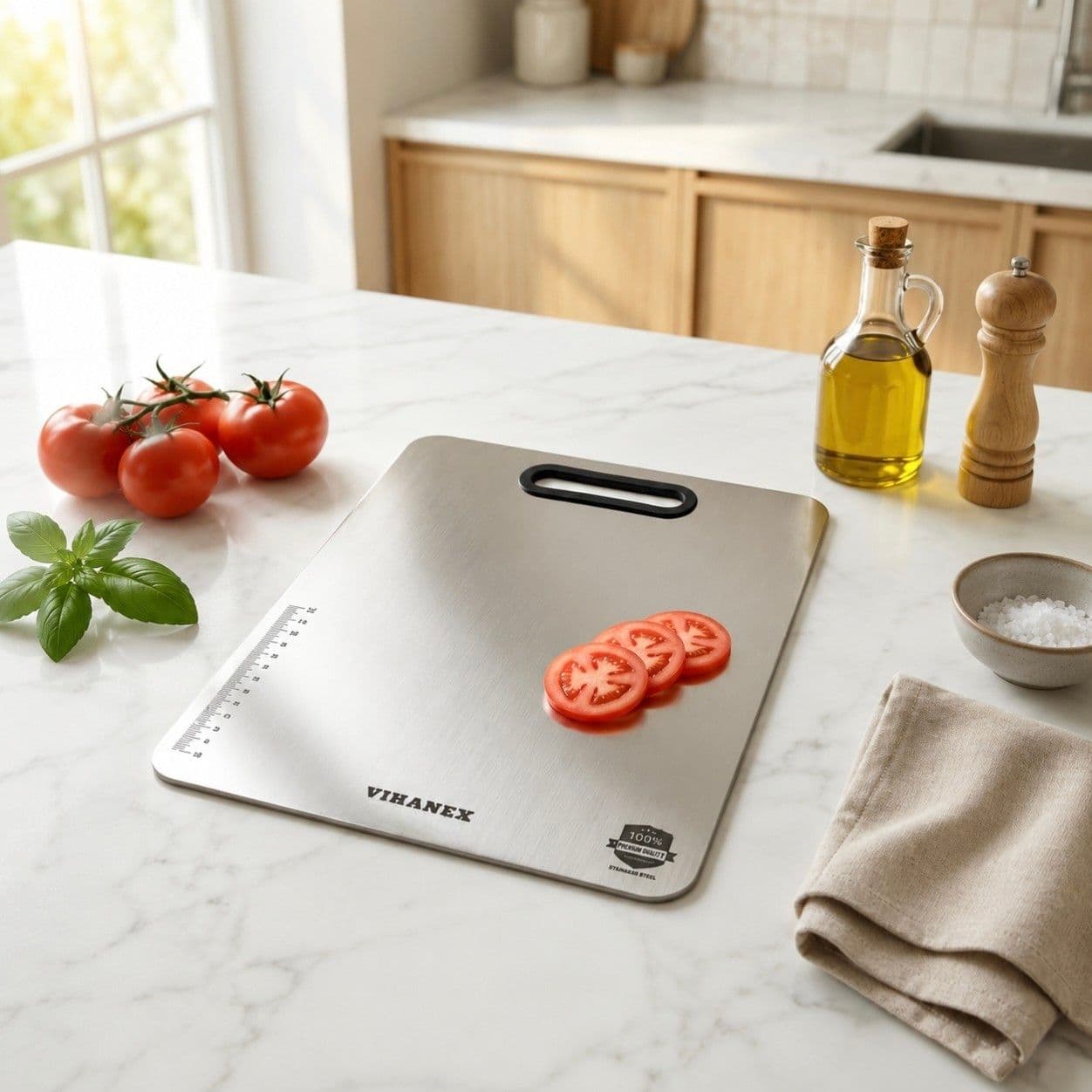 A VIHANEX flat stainless steel chopping board with a black anti-skid handle, resting on a white marble kitchen counter. The board features engraved measurement marks on the left edge and holds three fresh tomato slices, surrounded by whole tomatoes, basil, and olive oil.