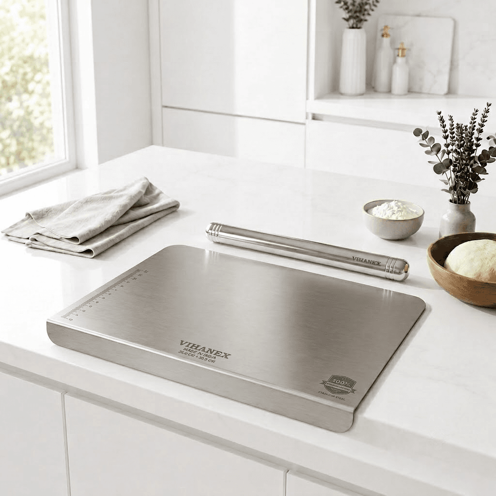 A VIHANEX stainless steel countertop pastry board with a secure downward lip gripping a white kitchen counter. The board features engraved measurement markings and is styled for baking alongside a matching stainless steel rolling pin, a bowl of flour, and fresh dough.